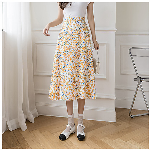 

Women's Casual / Daily Weekend Basic Streetwear Calf-Length Skirts Floral / Botanical Print Yellow Black