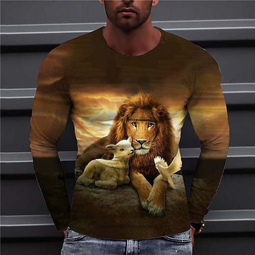 

Men's Unisex Tee T shirt Shirt 3D Print Graphic Prints Lion Print Long Sleeve Daily Tops Casual Designer Big and Tall Brown