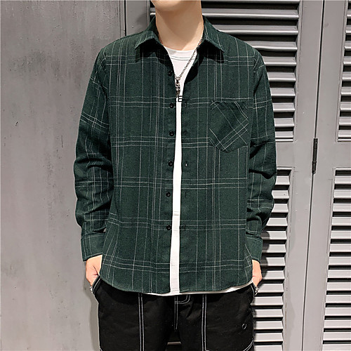 

Men's Shirt Plaid Lattice Long Sleeve Casual Tops Lightweight Fashion Classic Tropical Dark Green Black