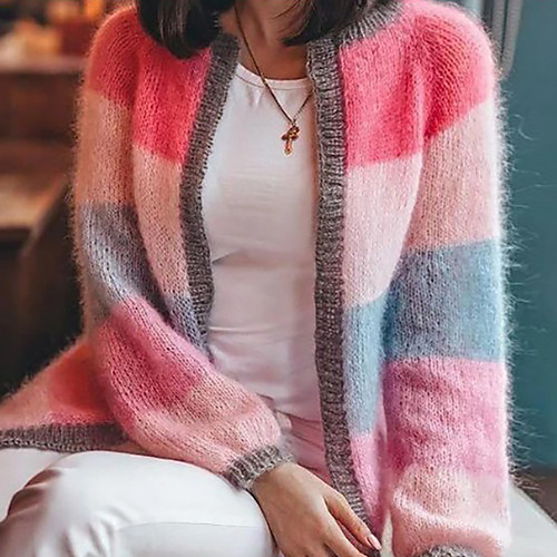 

Women's Stylish Knitted Rainbow Cardigan Long Sleeve Sweater Cardigans Crew Neck Fall Spring Blushing Pink