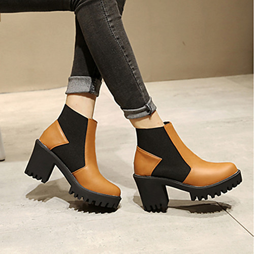 

Women's Boots Chunky Heel Round Toe Booties Ankle Boots PU Color Block Brown