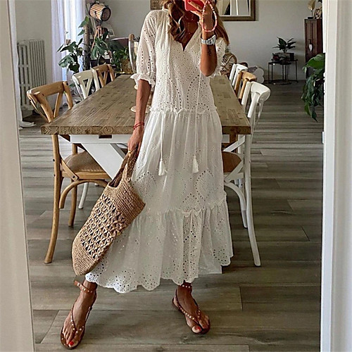

Women's A Line Dress Maxi long Dress Blue White Red Half Sleeve Floral Lace up Ruffle Print Fall Spring V Neck Casual Boho Holiday 2021 S M L XL XXL
