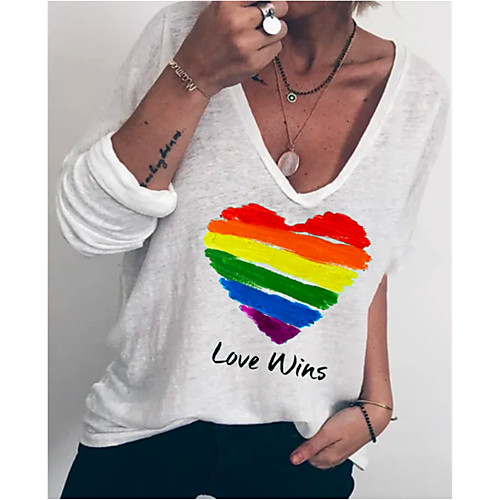 

Women's T shirt Rainbow Heart Letter Long Sleeve V Neck Basic Tops White