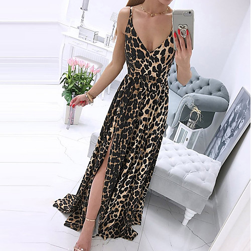 

Women's Strap Dress Maxi long Dress Leopard Pink rose Red rose Crown gold Sleeveless Leopard Print Flower Split Spring Summer Sexy 2021 S M L XL XXL