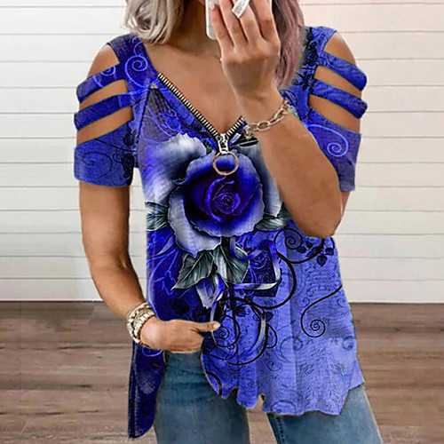 

Women's Plus Size Tops T shirt Floral Print Half Sleeve V Neck Blue Purple Gray Big Size L XL XXL 3XL 4XL