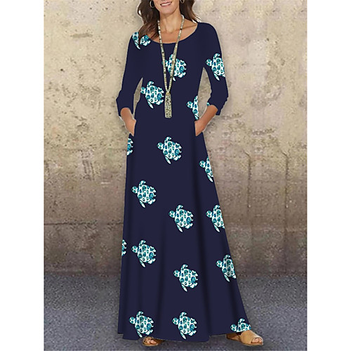 

Women's Shift Dress Maxi long Dress Black 3/4 Length Sleeve Print Animal Print Spring Summer Round Neck Casual Holiday 2021 S M L XL XXL 3XL