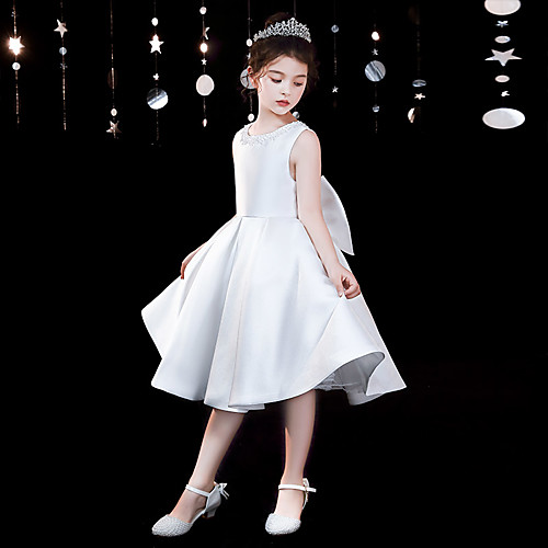 

A-Line Tea Length Flower Girl Dresses Party Satin Sleeveless Jewel Neck with Bow(s)