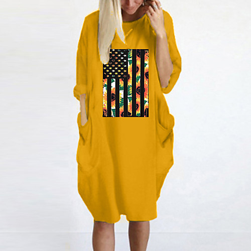 

Women's T Shirt Dress Tee Dress Knee Length Dress Blue Yellow Fuchsia Gray Green White Black Long Sleeve Floral Print Spring Summer Round Neck Casual Oversized 2021 S M L XL XXL 3XL 4XL 5XL