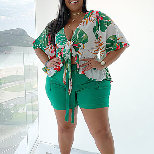 

Women's Plus Size Tops Set Leaf Print Half Sleeve V Neck Hawaiian Summer Blue Red Green Big Size L XL XXL 3XL 4XL