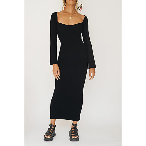 

Women's Sheath Dress Maxi long Dress claret White Black Apricot Coffee Long Sleeve Solid Color Classic Style Fall Winter Square Neck Casual Sexy 2021 S M L XL