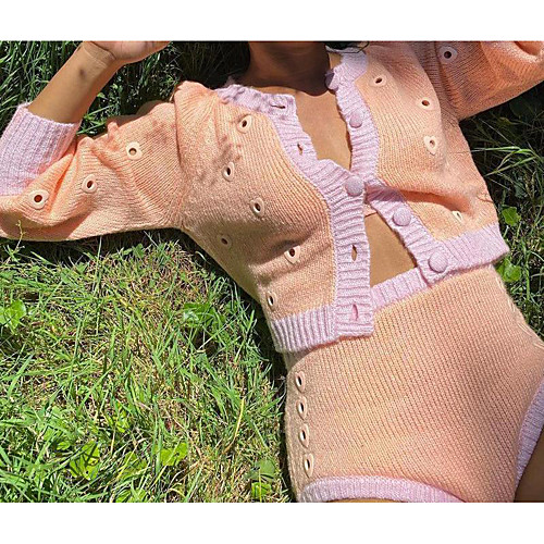 

Women's Pattern Cardigan Long Sleeve Sweater Cardigans V Neck Blushing Pink Ivory