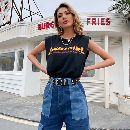 

Women's Tank Top Vest Letter Print Round Neck Basic Streetwear Tops Gray White Black