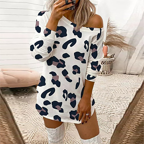 

Women's T Shirt Dress Tee Dress Short Mini Dress White print White leopard White butterfly Weight: S: 220g 3XL: 300g Pink Leopard Yellow Leopard Long Sleeve Print Summer Casual 2021 S M L XL XXL XXXL