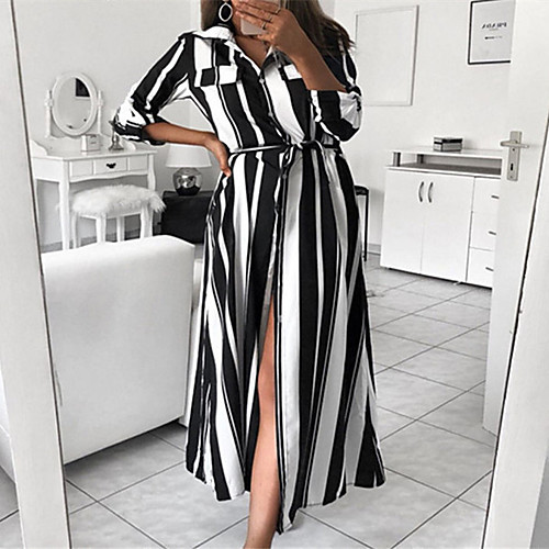 

Women's Shirt Dress Maxi long Dress 5000 pieces in stock, large in stock, shipped on the same Red Wine Black Long Sleeve Stripes Spring Summer Collar Casual 2021 S M L XL XXL 3XL 4XL 5XL