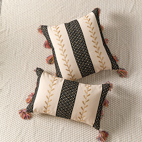 

Pillowcase Cotton Moroccan Black Golden Embroidered Tassel Cushion Cover