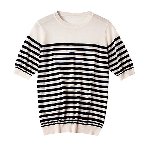 

Women's Stripes Pullover Short Sleeve Sweater Cardigans Round Neck Black Apricot