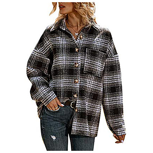 

women wool blend plaid jacket long sleeve button shirt trench shacket coat