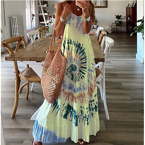 

Women's Swing Dress Maxi long Dress Yellow White Sleeveless Multi Color Spring Summer U Neck Casual Holiday Loose 2021 S M L XL