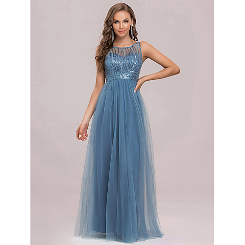 

A-Line Elegant Wedding Guest Prom Dress Illusion Neck Sleeveless Floor Length Tulle with Sequin 2021