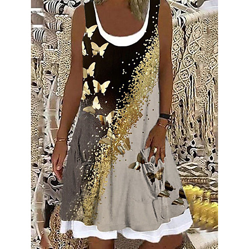 

Women's A Line Dress Knee Length Dress Black Sleeveless Butterfly Animal Print Spring Summer Boat Neck Casual Holiday 2021 S M L XL XXL 3XL
