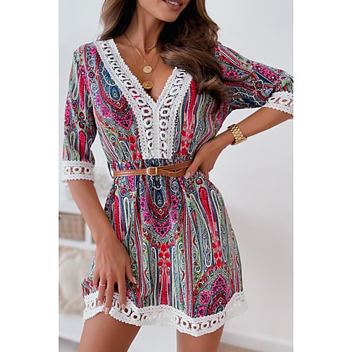 

Women's Shift Dress Knee Length Dress Blue Yellow Red Half Sleeve Floral Print Summer V Neck Elegant 2021 S M L XL XXL