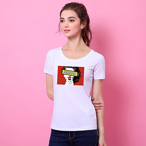 

Women's Portrait Painting T shirt Text Portrait Print Round Neck Basic Tops Cotton Yellow Blushing Pink White