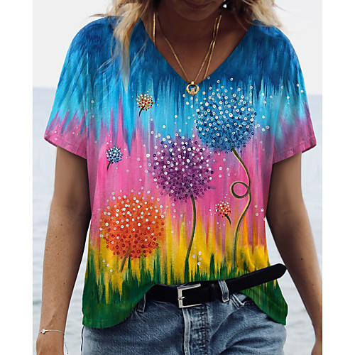 

Women's Floral Theme Painting T shirt Floral Color Block Print V Neck Basic Tops Blue