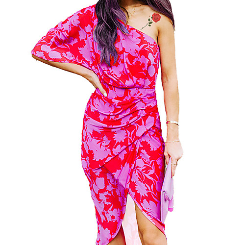 

Women's A Line Dress Knee Length Dress Blue Blushing Pink Gray Half Sleeve Floral Print Summer One Shoulder Casual 2021 S M L XL XXL 3XL / Cotton