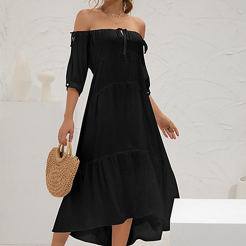 

Women's Swing Dress Midi Dress White Black Beige Short Sleeve Solid Color Summer Off Shoulder Casual 2021 S M L XL XXL