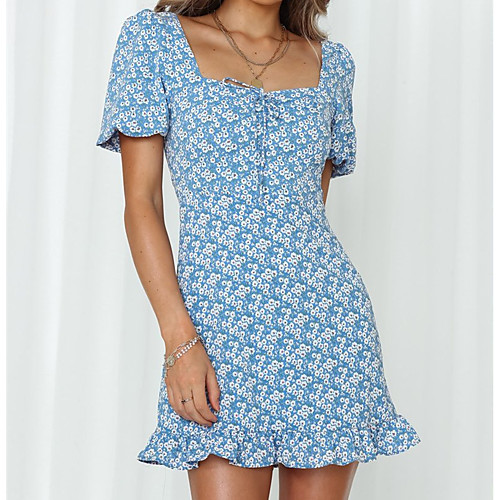 

Women's A Line Dress Short Mini Dress Blue Short Sleeve Flower Ruffle Bowknot Spring Summer Square Neck Casual 2021 S M L XL