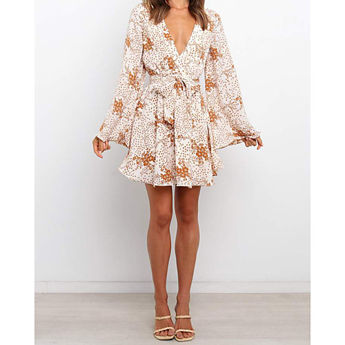 

Women's Short Mini Dress Green Red Apricot Long Sleeve Flower Spring Summer Casual 2021 S M L XL