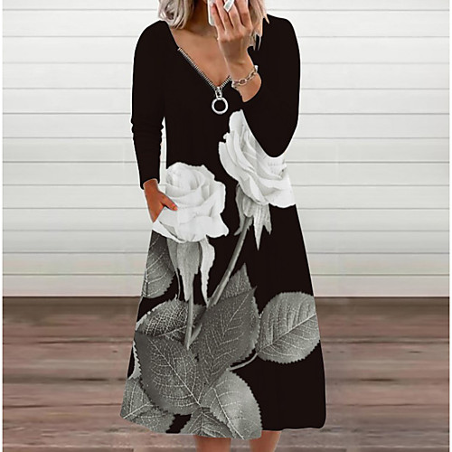 

Women's A Line Dress Midi Dress Red white flower Black butterfly Black white leaves Black red leaves Black tie-dye mouth Black sunflower flower Black letter mouth Long Sleeve Butterfly Flower Zipper