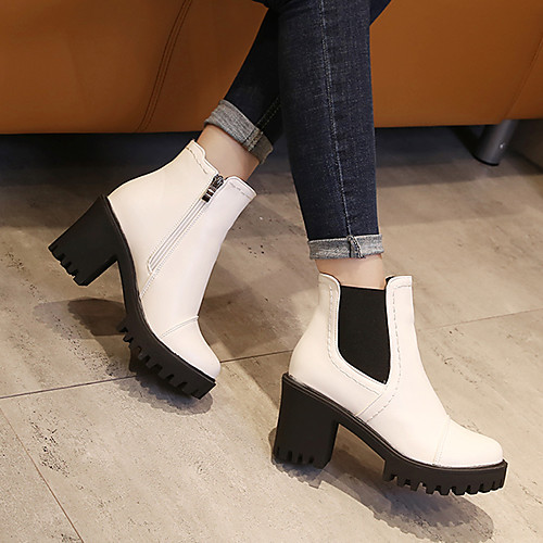 

Women's Boots Chunky Heel Round Toe Booties Ankle Boots PU Color Block White