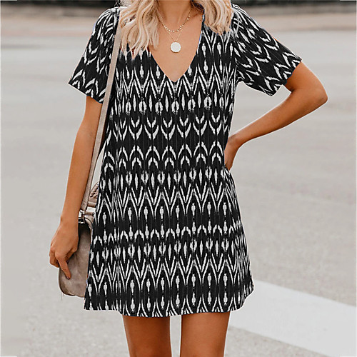 

Women's A Line Dress Short Mini Dress Blue Purple Green Black Brown Short Sleeve Color Block Print Summer V Neck Casual 2021 S M L XL XXL 3XL