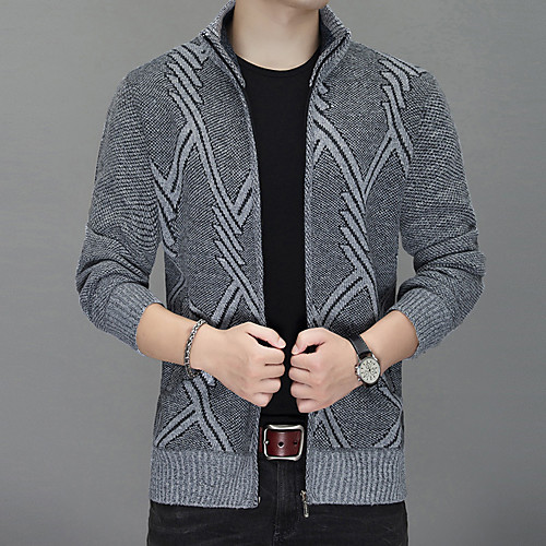 

Men's Unisex Stylish Vintage Style Zipper Front Embroidery Pocket Knitted Color Block Geometric Cardigan Sweater Long Sleeve Sweater Cardigans Stand Collar Fall Winter Dusty Blue Light gray Dark Gray