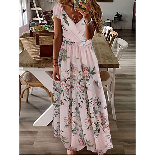 

Women's A Line Dress Maxi long Dress Blushing Pink Short Sleeve Floral Print Summer V Neck Casual 2021 S M L XL XXL