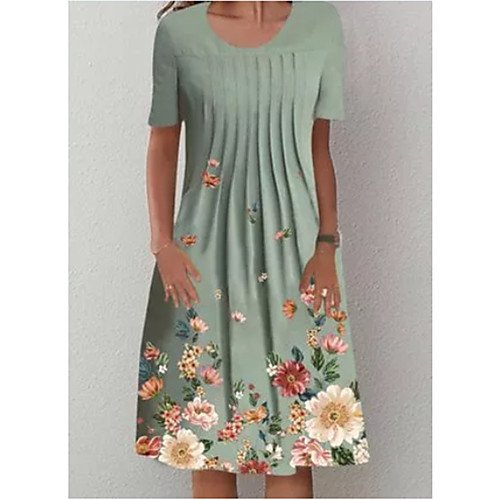 

Women's T Shirt Dress Tee Dress Knee Length Dress Green Short Sleeve Flower Ruched Spring Summer U Neck Casual 2021 S M L XL XXL