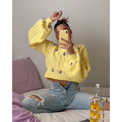

Women's Pattern Pullover Long Sleeve Sweater Cardigans Round Neck Yellow