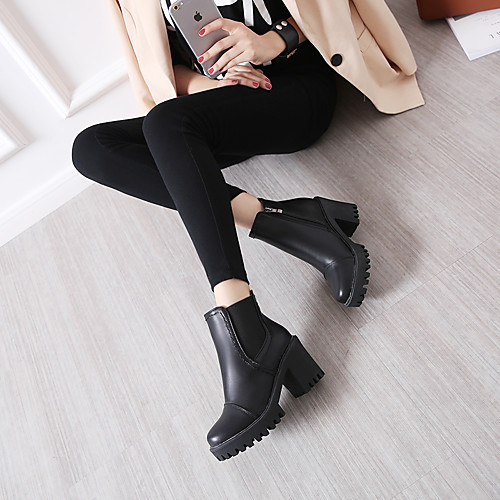 

Women's Boots Chunky Heel Round Toe Booties Ankle Boots PU Color Block Black