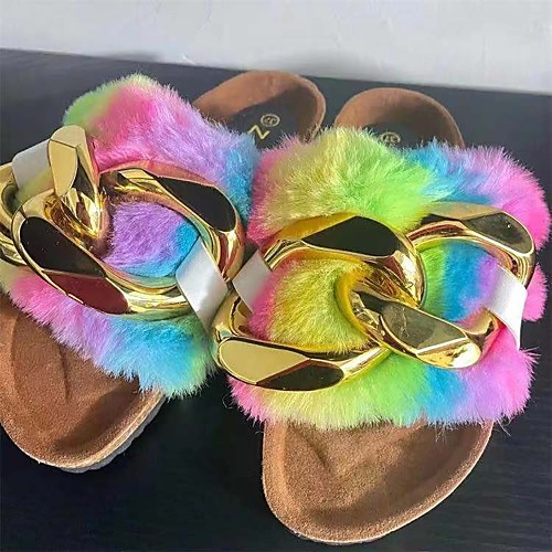 

Women's Sandals Flat Heel Round Toe Faux Fur Color Block White Black