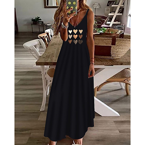 

Women's A Line Dress Maxi long Dress Black Sleeveless Print Geometric Print Spring Summer V Neck Casual Holiday 2021 S M L XL XXL 3XL