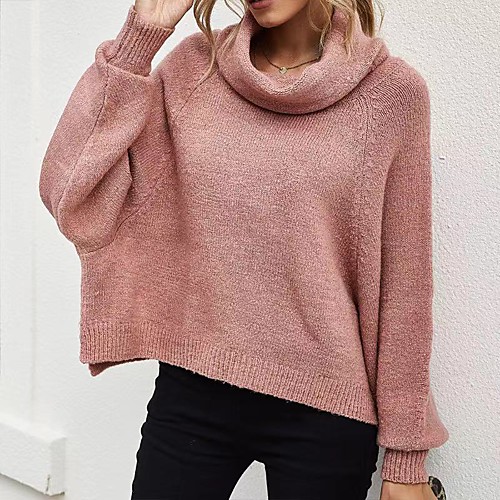 

Women's Casual Solid Color Pullover Sweater Long Sleeve Sweater Cardigans High Neck Blushing Pink Gray