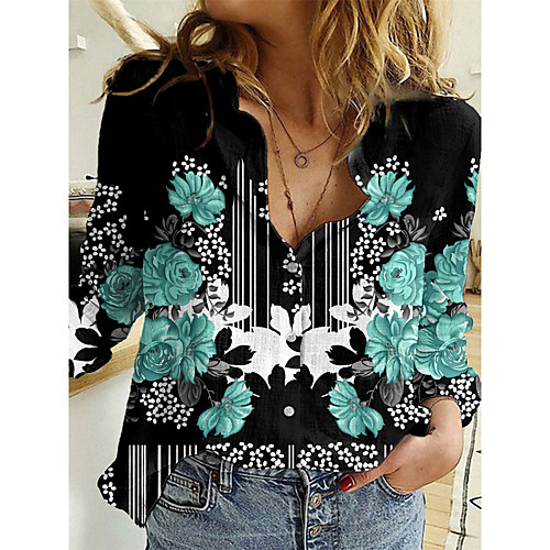 

Women's Floral Theme Blouse Shirt Floral Graphic Long Sleeve Button Print Shirt Collar Casual Streetwear Tops Green