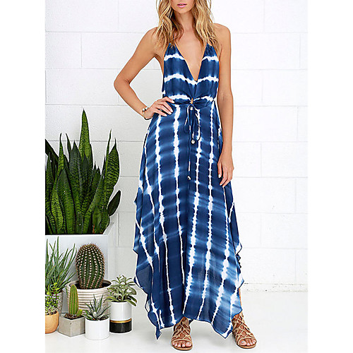 

Women's A Line Dress Maxi long Dress Blue Sleeveless Stripes Summer Casual 2021 S M L XL