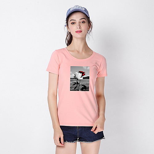 

Women's Floral Theme Painting T shirt Floral Graphic Print Round Neck Basic Tops Cotton Blushing Pink White Black