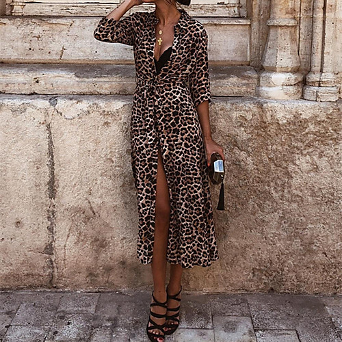 

Women's Shirt Dress Maxi long Dress Yellow 3/4 Length Sleeve Leopard Print Print Spring Summer Collar Sexy 2021 S M L XL