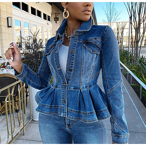 

Women's Jacket Causal Fall Spring Regular Coat V Neck Slim Casual Jacket Long Sleeve Solid Color Modern Style / Denim / Holiday / Cotton