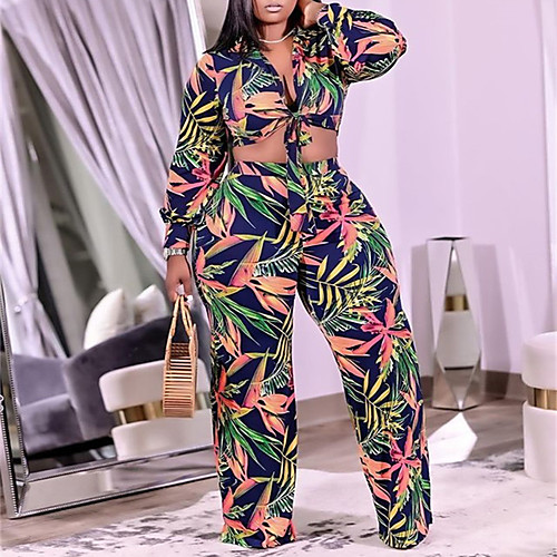 

Women's Plus Size Tops Set Leaf Flower Bowknot Long Sleeve Deep V Casual Sexy Spring Summer Green Big Size XL XXL 3XL 4XL 5XL / Holiday