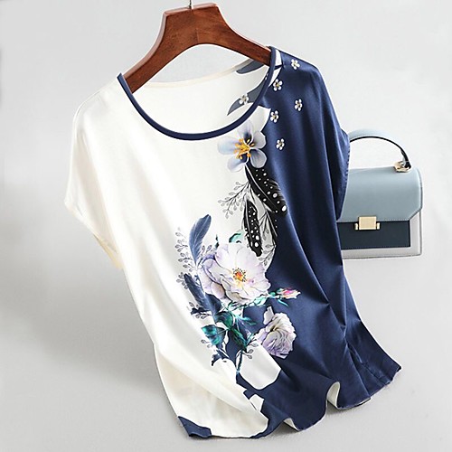 

Women's Plus Size Tops Blouse Flower Short Sleeve Round Neck Ethnic Casual Spring Summer Blue Green Red Big Size L code XL code 3XL code 2XL code 4XL code