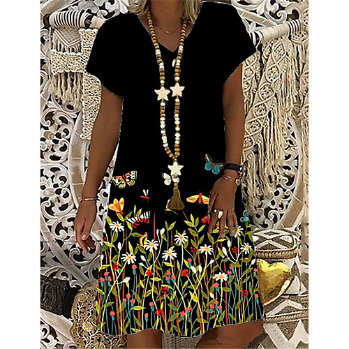 

Women's T Shirt Dress Tee Dress Knee Length Dress Black Short Sleeve Floral Butterfly Print Summer V Neck Casual 2021 S M L XL XXL 3XL